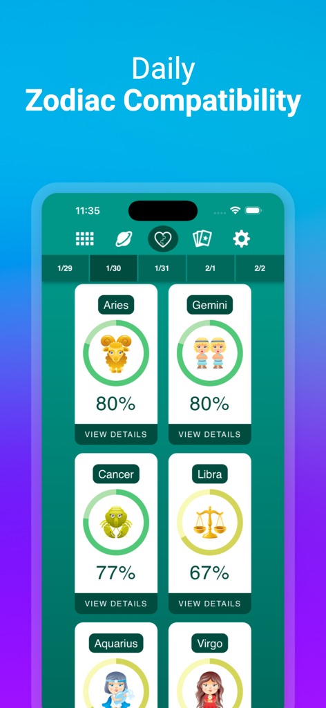 Interfaz de aplicación móvil que muestra porcentajes diarios de compatibilidad zodiacal para varios signos del horóscopo.