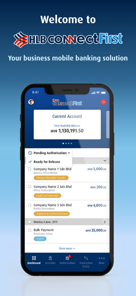 HLB ConnectFirst - HLB ConnectFirst business mobile banking dashboard showing account balance and pending transaction authorizations