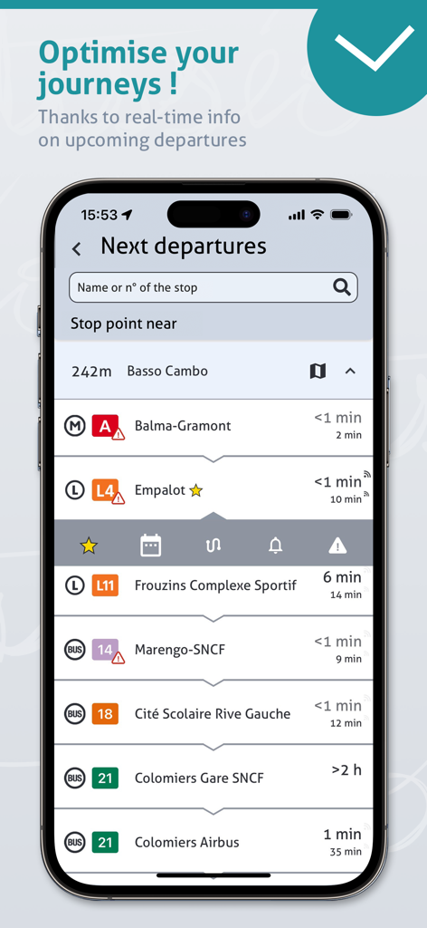 Tisséo: Metro, Tram, Bus - L'interface de l'application Tisseo affiche les horaires de départ en temps réel des lignes de métro, de tramway et de bus à Toulouse.