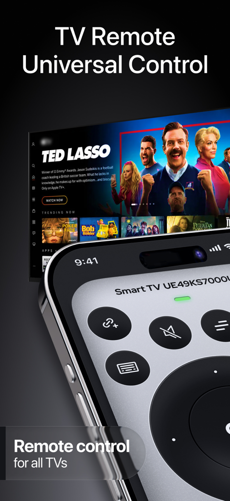 An iPhone displaying a universal TV remote interface next to a smart TV showing streaming content.