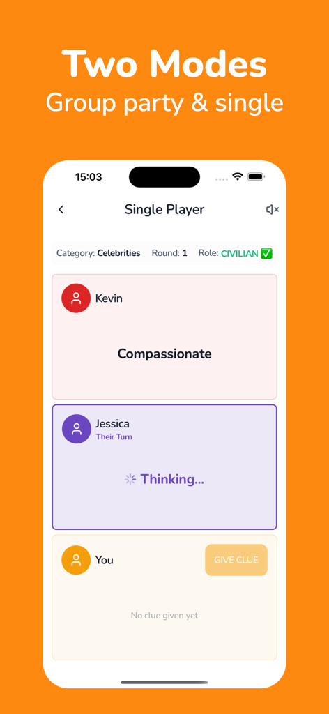 Impostor Who? Secret Word Game - Tela de celular exibindo o modo de IA para um jogador do jogo de palavras Impostor Who