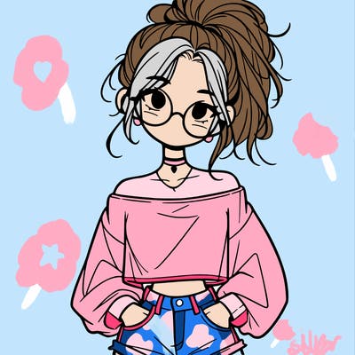 girl with a messy ponytail glasses a baggy crop top and jean shorts