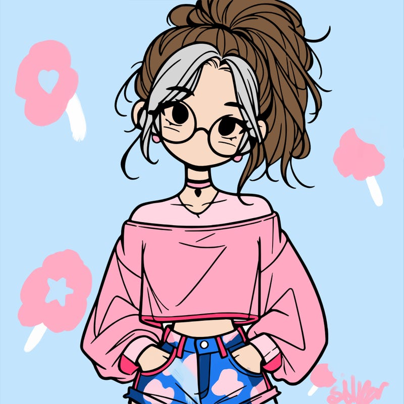 girl with a messy ponytail glasses a baggy crop top and jean shorts