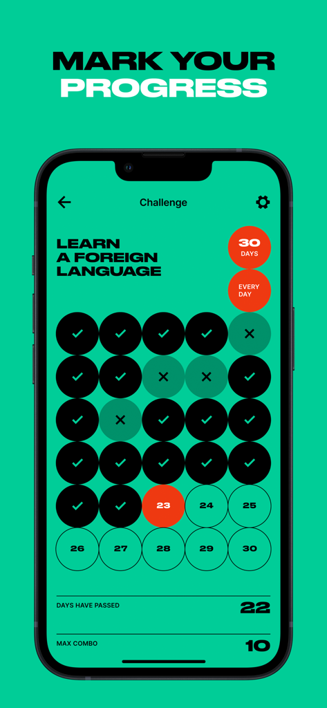 ChallengeUp app screen showing a 30 day habit tracking grid for learning a foreign language