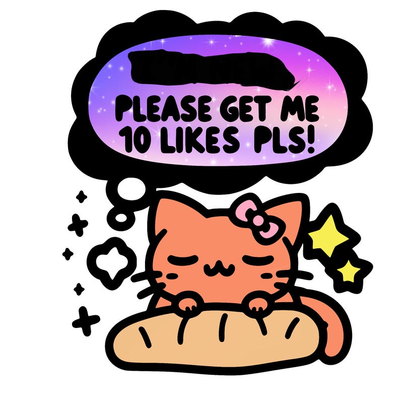 kitty taking a nap dream talking and saying "i'm new, please get me at least 10 likes pls!!"