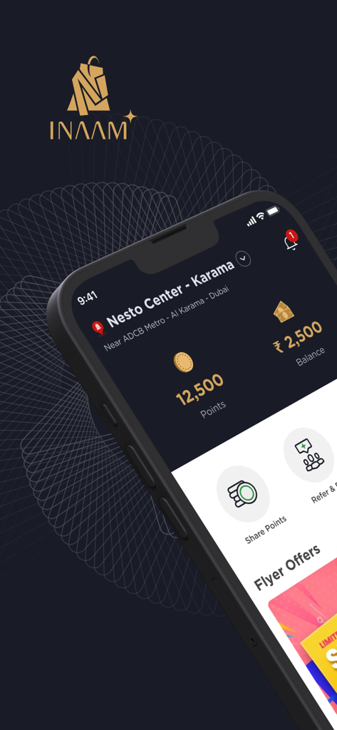 INAAM - Panel de la aplicación INAAM que muestra puntos de recompensa y saldo de cuenta en la pantalla de un smartphone