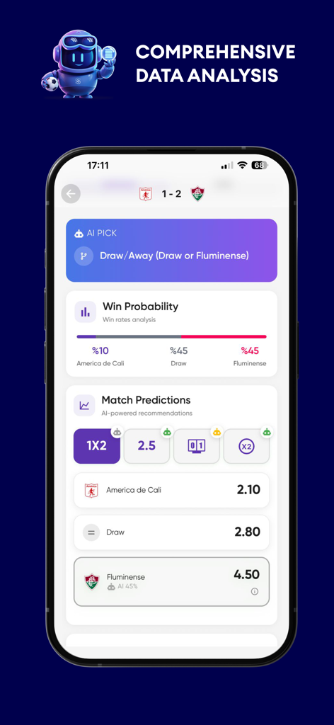 Super Score AI app interface displaying soccer match predictions win probabilities and AI-driven betting tips