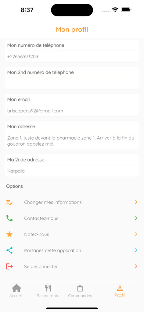 Schermata di gestione del profilo utente e dell'account dell'app Bonbiz Food.