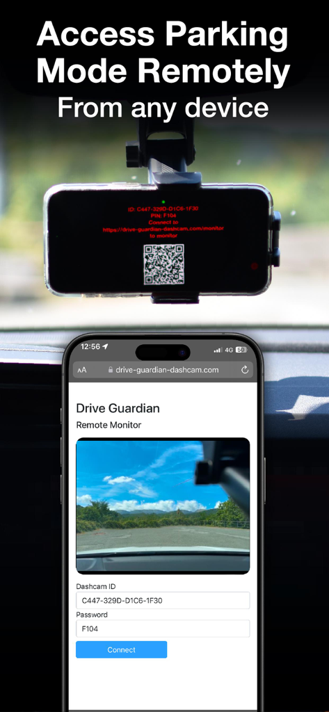 Dash Cam | Drive Guardian AI - Smartphone displaying a remote live feed from the Drive Guardian dash cam parking mode