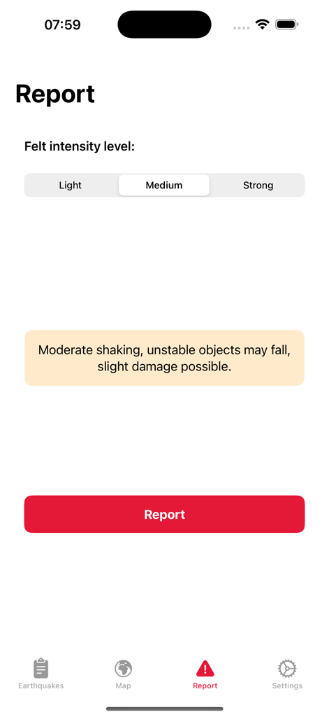Earthquake Alerts Map for USGS - Interfaz para reportar niveles de intensidad de terremotos como leve, moderado y fuerte
