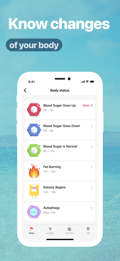 Prime Intermittent Fasting app interface displaying body status stages including fat burning and ketosis