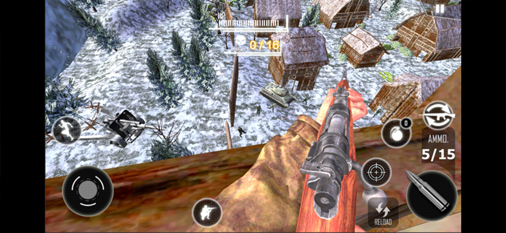 World War Survival Saga - Vista en primera persona de un soldado apuntando un rifle sobre un campo de batalla nevado con tanques y unidades enemigas en un pueblo.