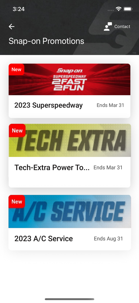 Écran des promotions de l'application Snap-on Connect affichant diverses promotions d'outils nationaux et des offres à durée limitée pour les techniciens.