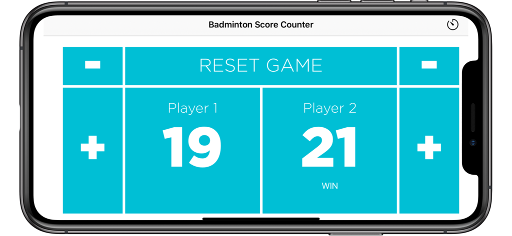Badminton Score Counter - A minimalist badminton score counter app interface showing player scores and a win status