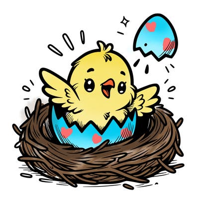 a baby chick hatching from an egg in a nest