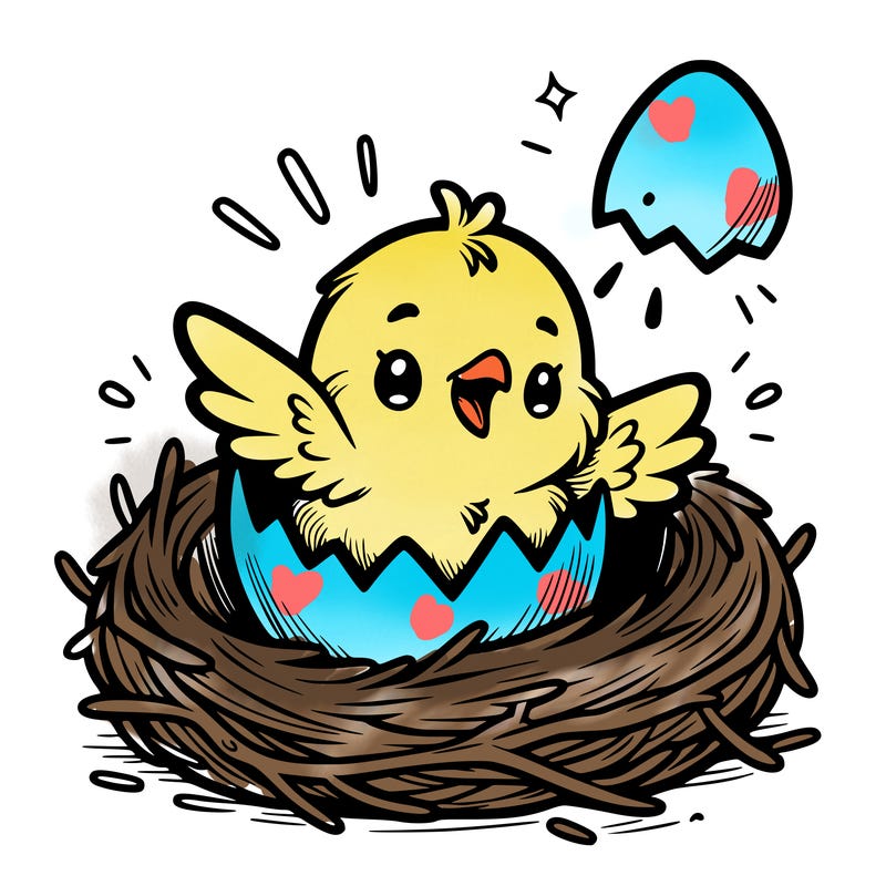 a baby chick hatching from an egg in a nest