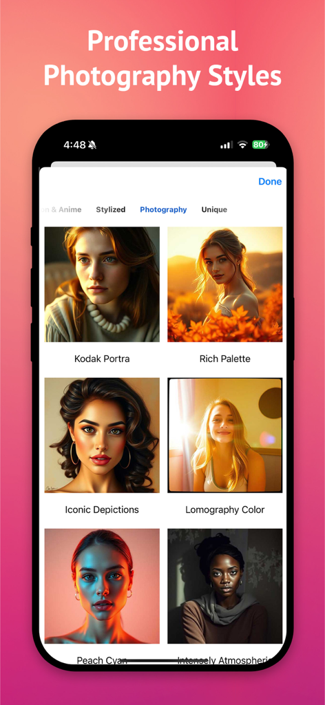 AI Image Maker Pro: Fast & Fun - Interface of AI Image Maker Pro app showing various professional photography styles and filters for AI portraits.