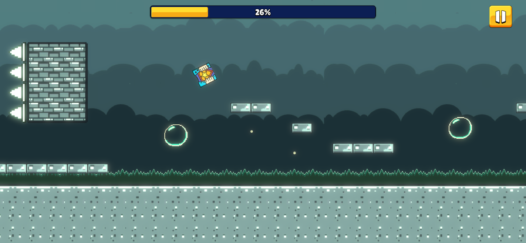 Personnage de Hero Dash Jump sautant par-dessus des plateformes géométriques et des bulles dans un niveau d'arcade 2D stylisé.