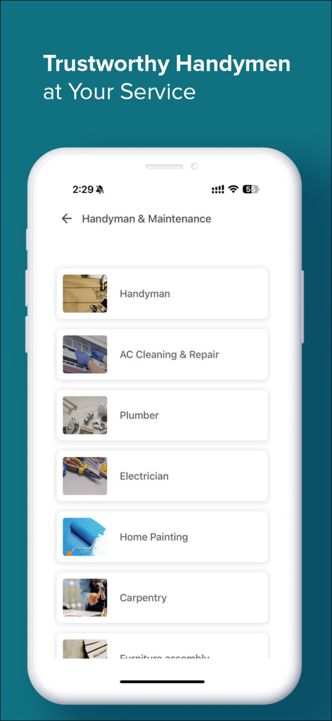 ServiceMarket - Una pantalla de smartphone que muestra varios servicios de mantenimiento del hogar como manitas, fontanero, electricista y pintura de casas en la aplicación ServiceMarket.
