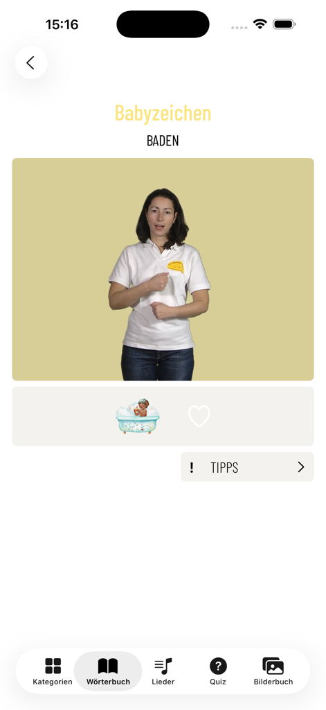 Babyzeichen Zwergensprache - Instructional video demonstrating the baby sign for bathing in the Babyzeichen Zwergensprache app