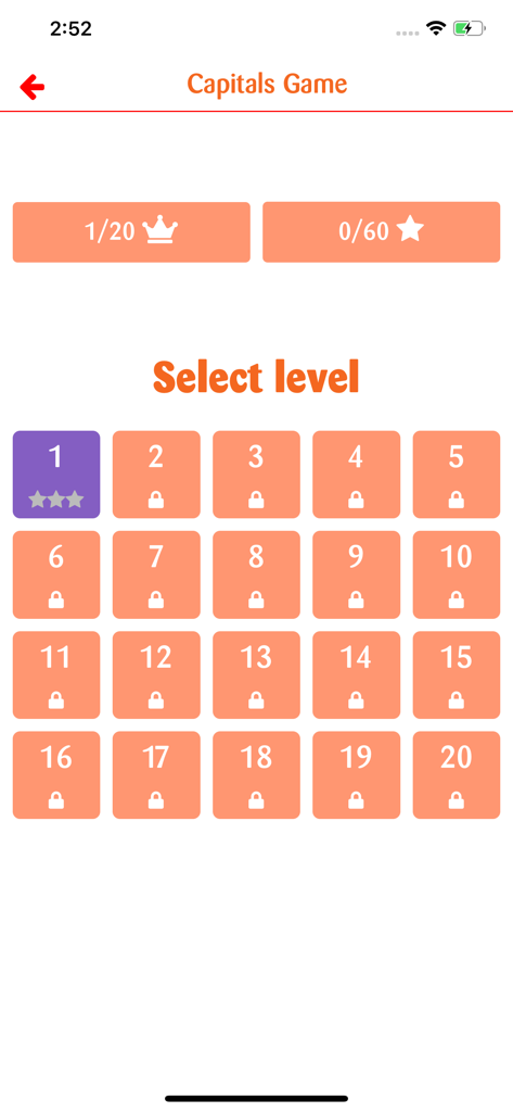 Level selection screen in the Capitals Game app showing a grid of twenty levels with lock icons