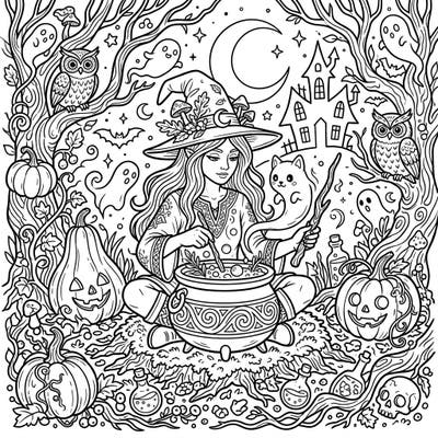 Step into a world of magic and mischief with this captivating Halloween Hedge Witch coloring page. Immerse yourself in a mystical forest scene, perfect for a bewitching creative escape.