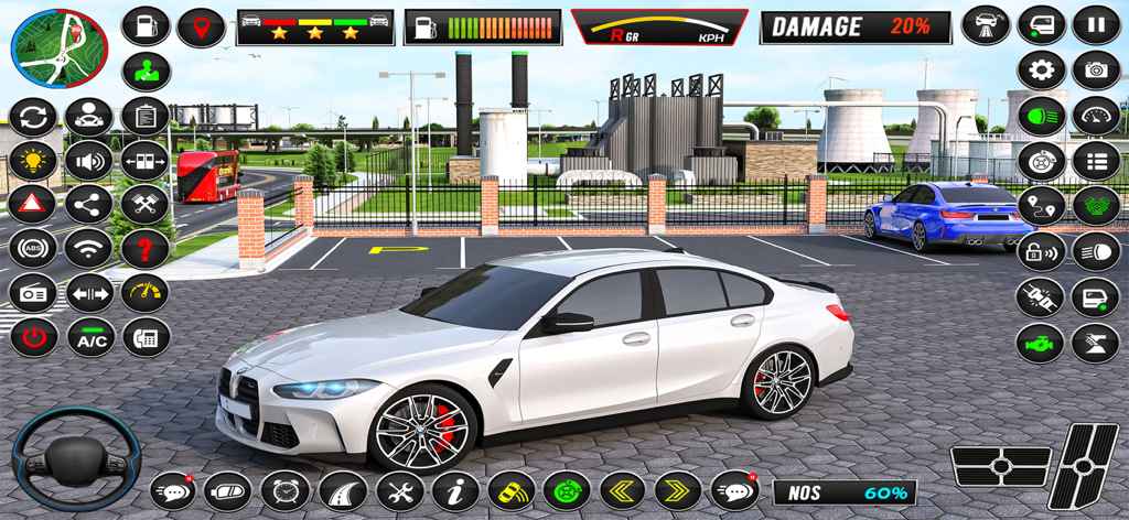 School Driving: Car Simulator - Gameplay screen of School Driving Car Simulator showing a white car and various driving interface buttons