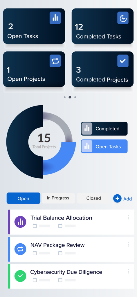 Tela do dashboard do aplicativo NAV Portal mostrando resumos de projetos e listas de tarefas
