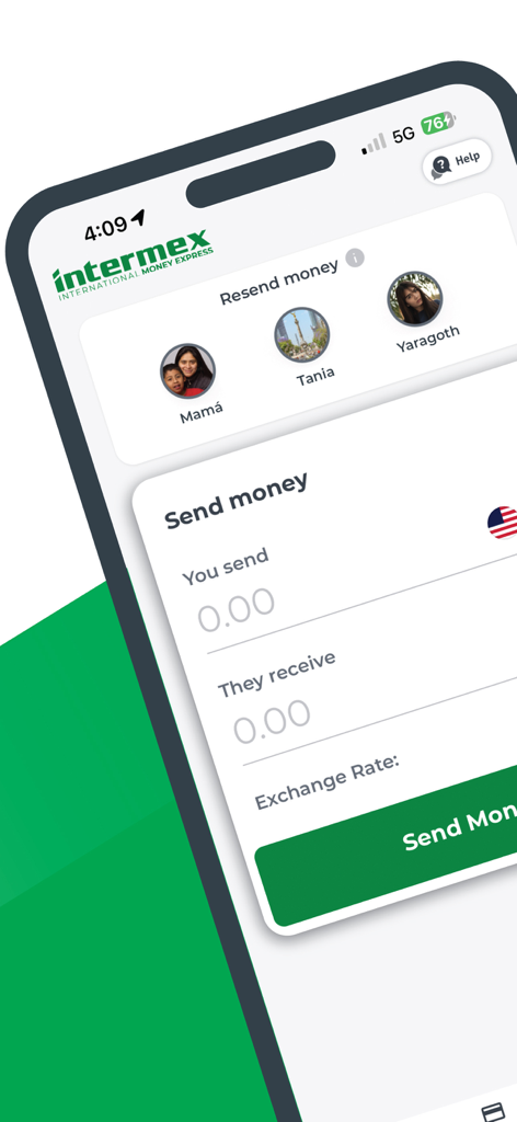 Interfaz de la app Intermex mostrando campos para enviar dinero y perfiles de miembros de la familia para transferencias rápidas