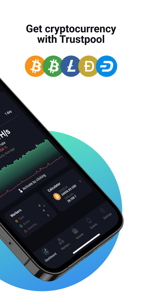 Trustpool: Crypto Mining Pool - Trustpool Krypto-Mining App Dashboard zeigt Mining-Statistiken und unterstützte Kryptowährungen wie Bitcoin und Litecoin