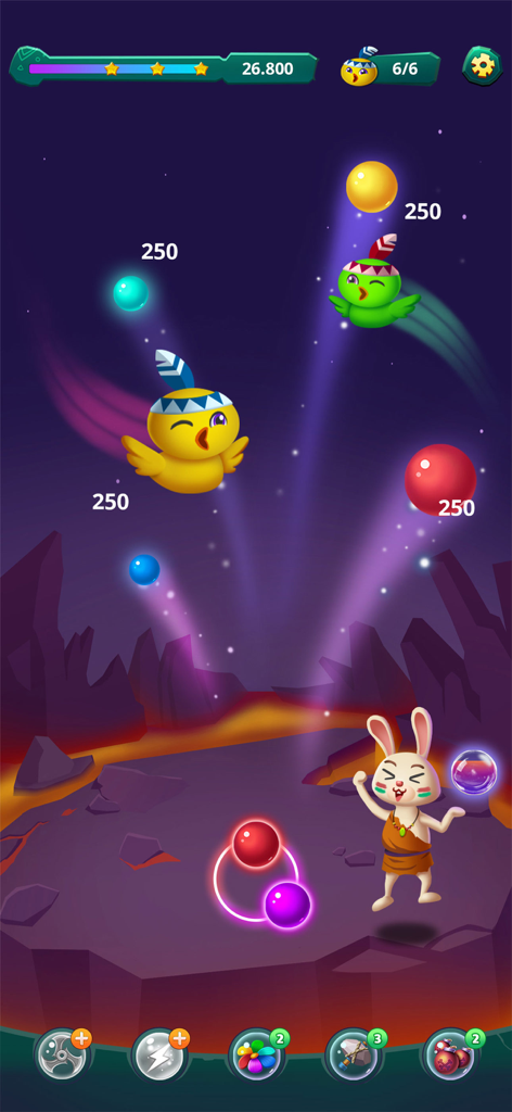 Schermata di gioco di un gioco sparatutto di bolle con un simpatico personaggio di coniglio e bolle colorate.