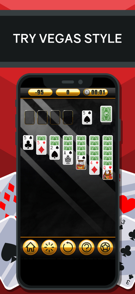 A smartphone screen displaying a game of Solitaire with Vegas style scoring and a classic card layout.