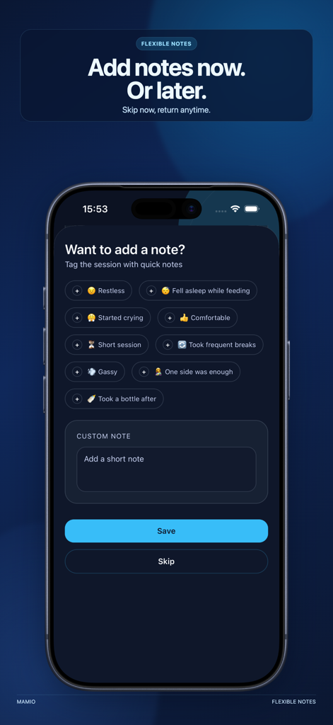 Mamio: Breastfeeding Tracker - Interfaz de la aplicación Mamio que muestra la función de notas flexibles con etiquetas rápidas para registrar las sesiones de alimentación del bebé