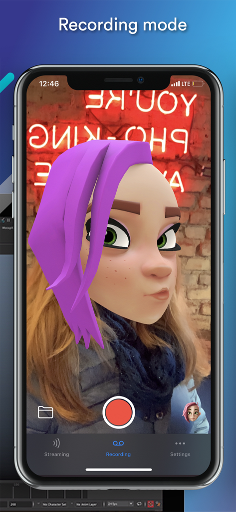 Pantalla de smartphone que muestra el modo de grabación de MocapX con un avatar 3D estilizado superpuesto al rostro de un usuario.