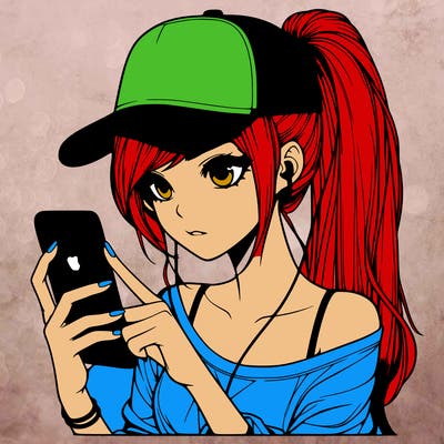 realistic girl with a long ponytail and trucker hat holding an iphone
