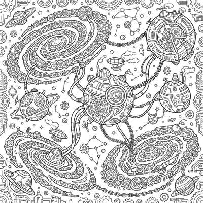 Explore an awe-inspiring universe where vast galaxy clusters are reimagined through the intricate lens of steampunk. This detailed coloring page invites you to bring a mechanical cosmos to life with your favorite colors.