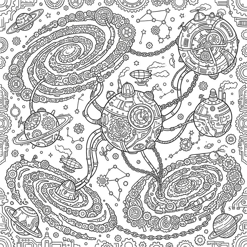 Explore an awe-inspiring universe where vast galaxy clusters are reimagined through the intricate lens of steampunk. This detailed coloring page invites you to bring a mechanical cosmos to life with your favorite colors.