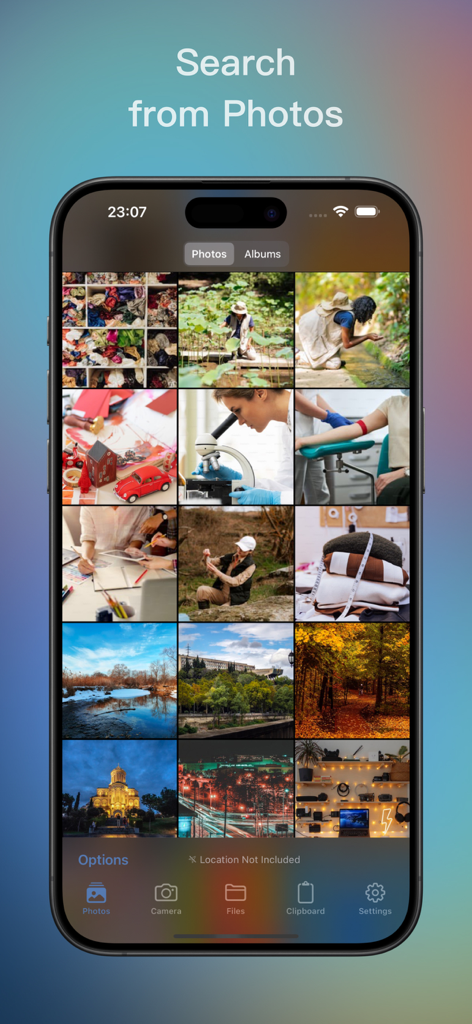 Screenshot of the Imagio app showing the search from photos feature with a grid of images.