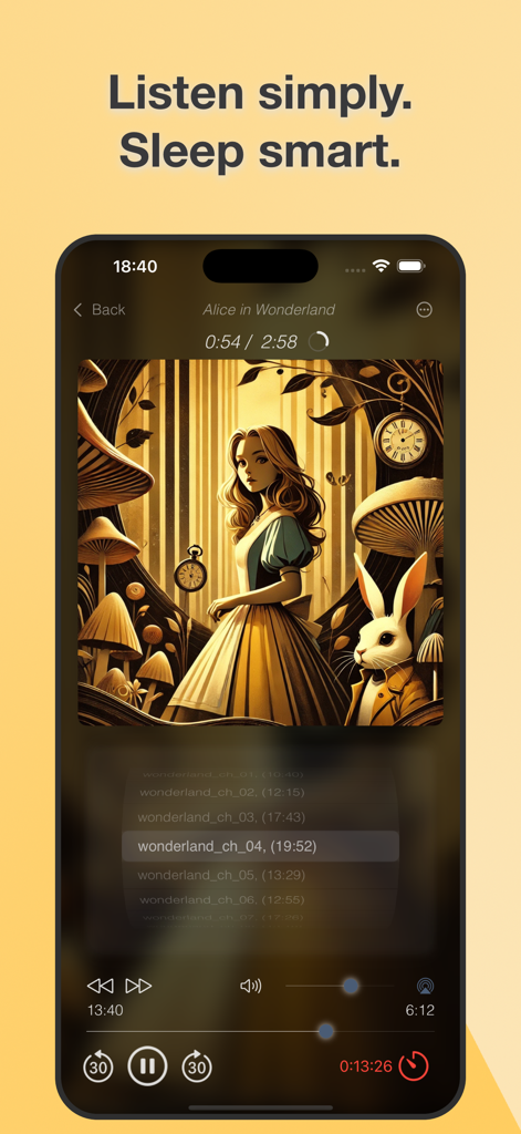 handyREADER: Audiobook & eBook - Interfaz del reproductor de audiolibros handyREADER con temporizador de apagado y controles de reproducción de Alicia en el País de las Maravillas