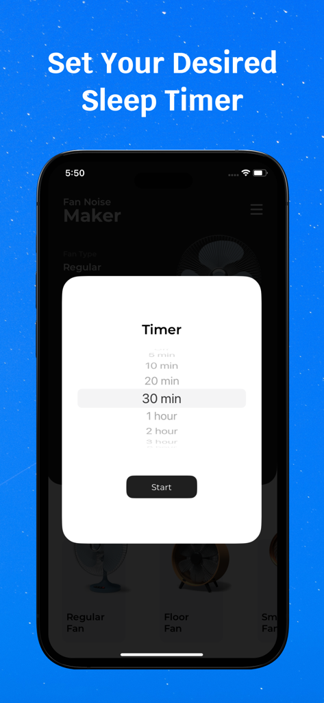 Fan Noise - white noise app - A mobile app interface showing the sleep timer selection menu for white noise fan sounds
