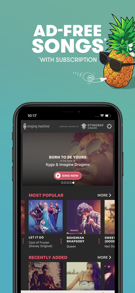 Singing Machine Karaoke app interface displaying a list of popular songs and ad free subscription benefits