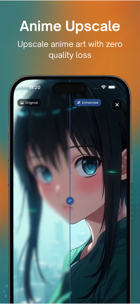 Comparación en pantalla dividida que muestra un dibujo de anime original borroso junto a una versión mejorada por IA nítida y de alta resolución.