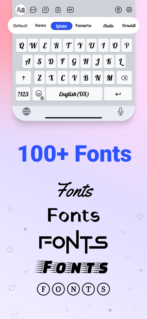 Interfaz de la aplicación Font Keyboard mostrando un teclado personalizado y varios ejemplos de fuentes estilizadas, incluyendo diseños cursivos y geométricos.