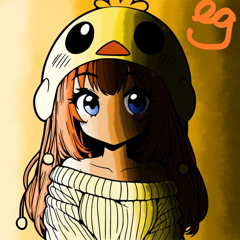 anime girl with chick shaped hat with sweater with bare shoulders with bangs covering them one eye with low tail