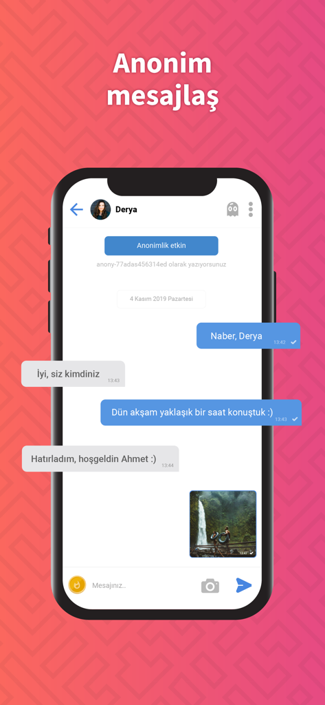 Um smartphone exibindo uma conversa de chat anônimo no aplicativo móvel Ribony com um indicador de modo de anonimato ativo.