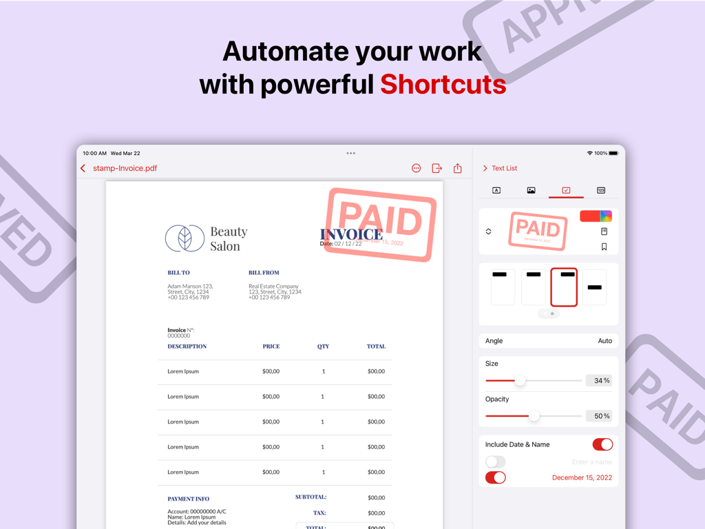 iPad interface of PDF Watermarker showing document automation with Shortcuts and a customizable PAID stamp watermark.