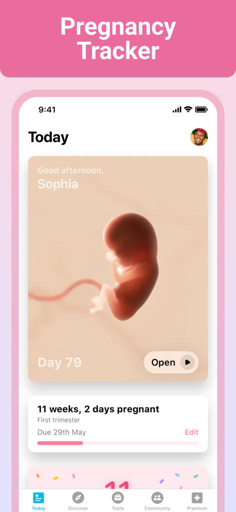 Pregnancy + | Tracker App - Pregnancy Plus app dashboard showing 11 weeks pregnancy progress and interactive 3D fetus model