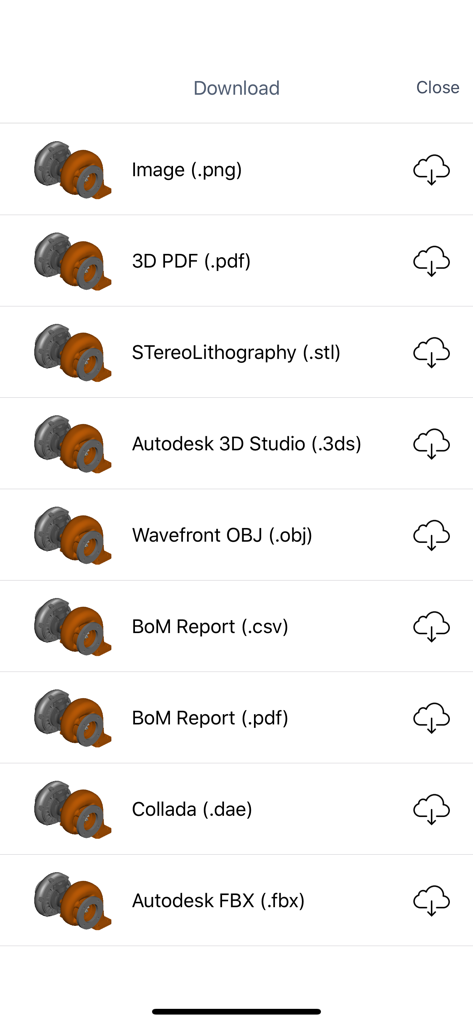 Un menú en la aplicación Glovius que muestra varias opciones de descarga para archivos CAD 3D, incluidos STL, OBJ e informes BoM.