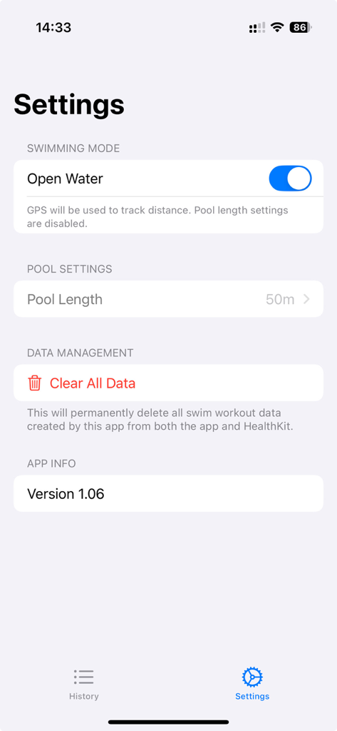 Swimming Lap Tracker - Settings screen of the Swimming Lap Tracker app showing Open Water mode and Pool Length options