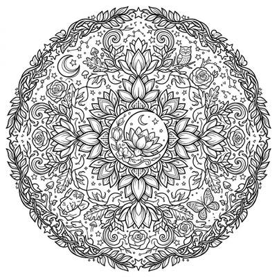Explore a mesmerizing floral mandala intertwining intricate botanical designs with enchanting night-time elements. This detailed coloring page offers a unique blend of natural beauty and mystical nocturnal charm for hours of creative relaxation.